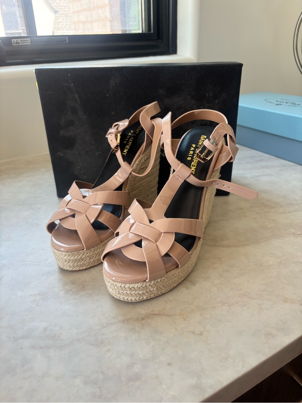 Patent Leather Nude Blush Wedge Sandals with Braided Espadrille Platform
